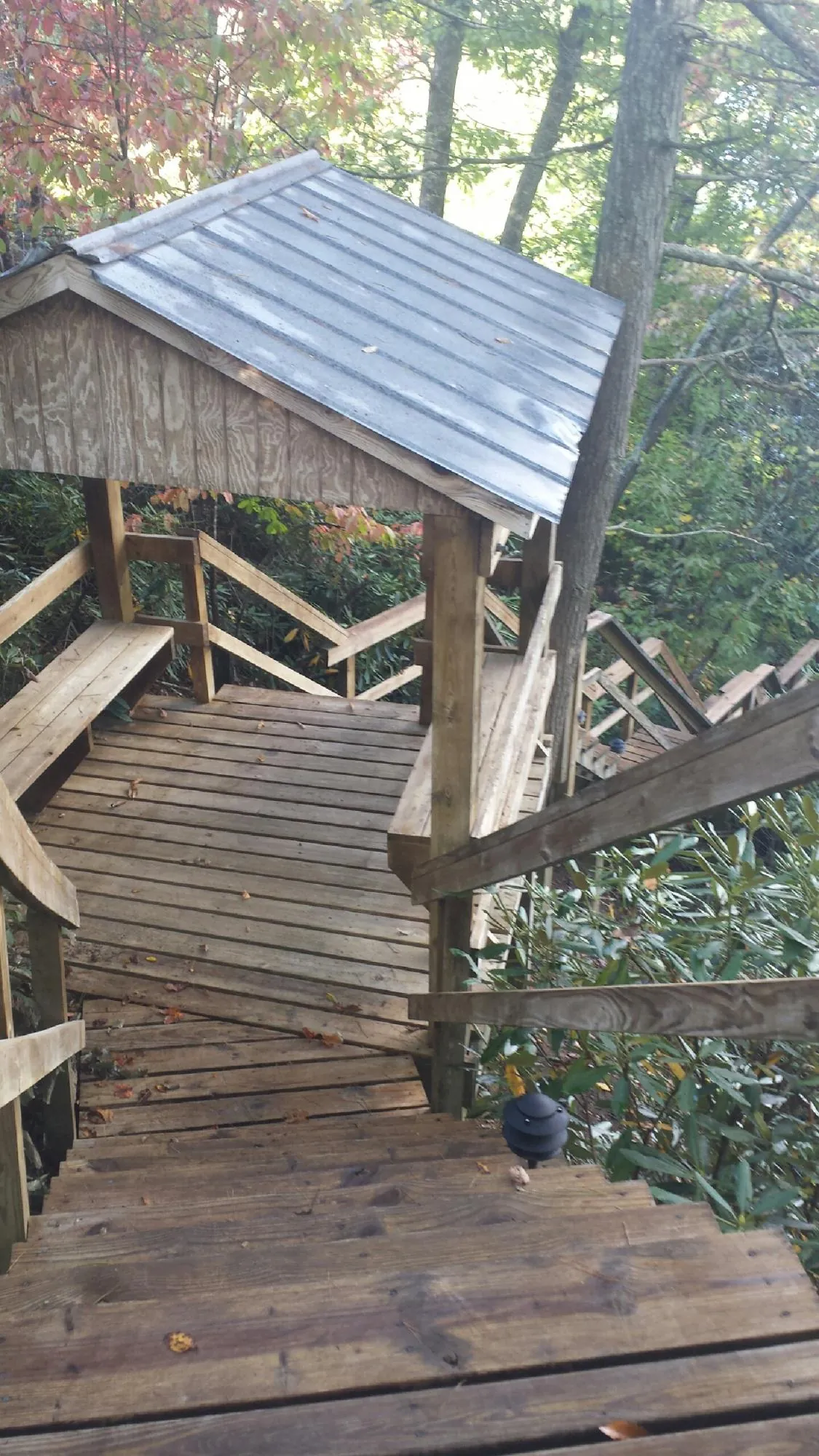 Metal roofed shelter over wooden steps on a wooded walkway — Skylight Repair & Installation work by our crew in Mediapolis